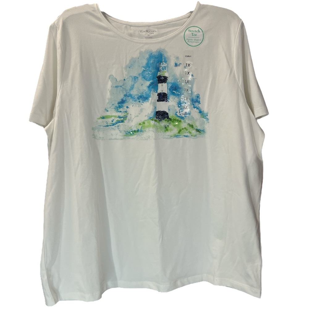 Kim Rogers NWT white lighthouse screen print top with sequin accents. Size 1X